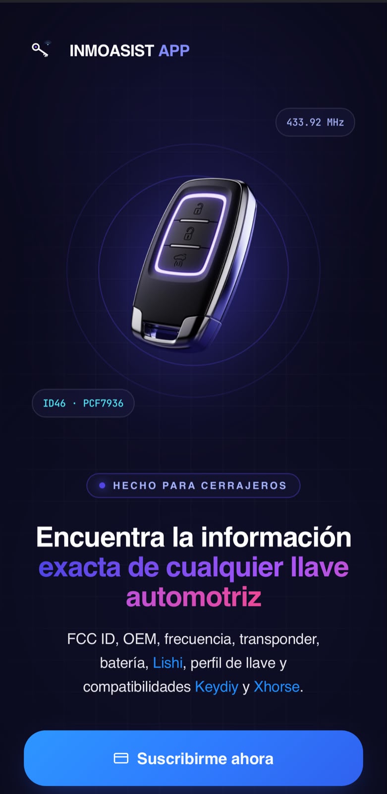 App InmoAsist mostrando información de una llave automotriz