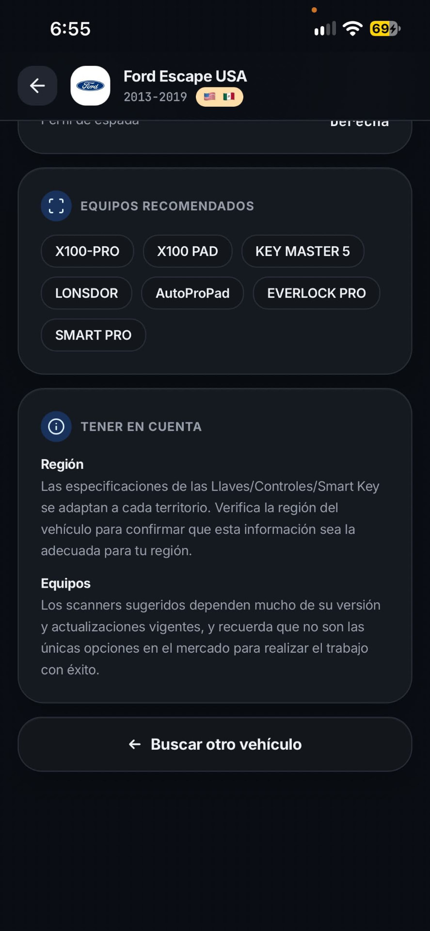 Captura de InmoAsist: equipos recomendados y notas de región para un Ford Escape USA 2013-2019